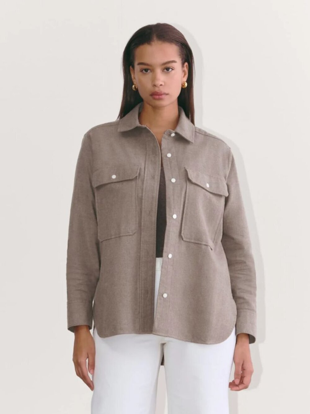 EVERLANE Taupe Melange 100% Organic Cotton Flannel Boyfriend Shirt, Size M